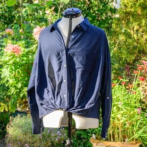 J Jill Tie front Lightweight Navy Cotton/Silk Button-up long-sleeve shirt NWT